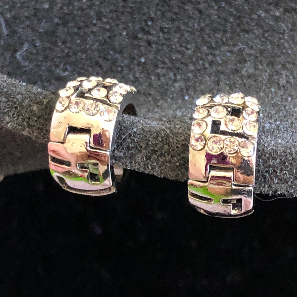 Small Rhinestone Silver Color Hoop Earrings - Picture 4 of 6